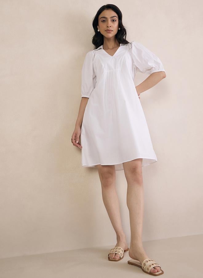 Femmella White Poplin V-Neck A-Line Mini Dress - Image 5