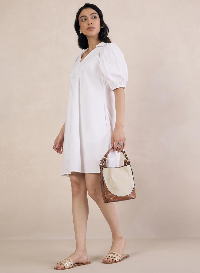 Femmella White Poplin V-Neck A-Line Mini Dress - Image 2