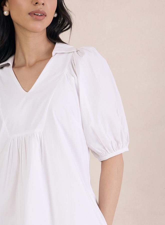 Femmella White Poplin V-Neck A-Line Mini Dress - Image 3