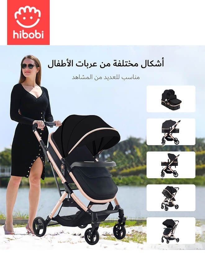 هيبوبي عربة أطفال فاخرة خفيفة الوزن بارتفاع عالي وقابلة للتوجيه في الاتجاهين، تشمل صينية طعام وحامل كوب، قابلة للطي بسرعة، مناسبة من عمر 0 إلى 6 سنوات، إطارات مطاطية مانعة للانزلاق ومقاومة للثقب، تتحمل وزنًا حتى 60 كجم، عربة سفر باللون الأسود - Image 2