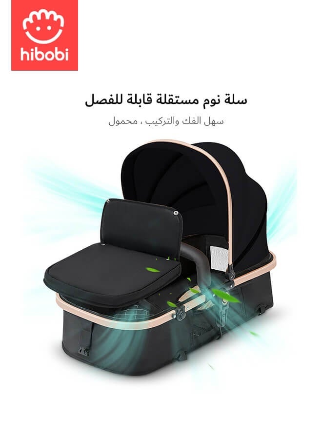 هيبوبي عربة أطفال فاخرة خفيفة الوزن بارتفاع عالي وقابلة للتوجيه في الاتجاهين، تشمل صينية طعام وحامل كوب، قابلة للطي بسرعة، مناسبة من عمر 0 إلى 6 سنوات، إطارات مطاطية مانعة للانزلاق ومقاومة للثقب، تتحمل وزنًا حتى 60 كجم، عربة سفر باللون الأسود - Image 5