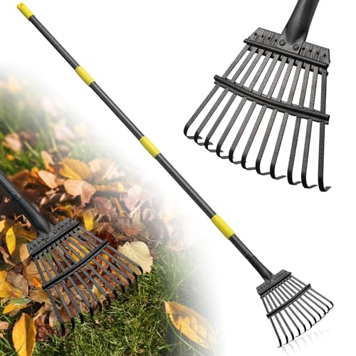 Lilyvane Leaf Rake: 8.5" Wide Heavy Duty Small Metal Garden Rake for Lawn Yard Garden Bed Leaves Debris Shrub Pine Needles Cleanup, 11 Metal Tines, Lightweight Kids Leaf Rakes, 72” Long Handle - Image 1
