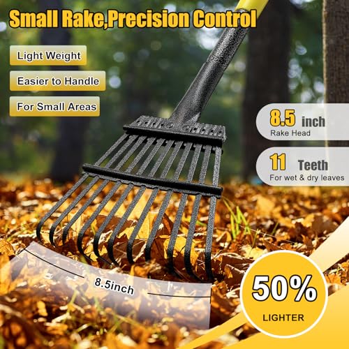 Lilyvane Leaf Rake: 8.5" Wide Heavy Duty Small Metal Garden Rake for Lawn Yard Garden Bed Leaves Debris Shrub Pine Needles Cleanup, 11 Metal Tines, Lightweight Kids Leaf Rakes, 72” Long Handle - Image 2