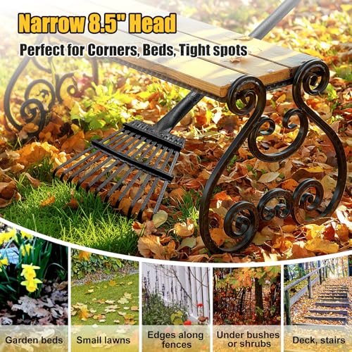 Lilyvane Leaf Rake: 8.5" Wide Heavy Duty Small Metal Garden Rake for Lawn Yard Garden Bed Leaves Debris Shrub Pine Needles Cleanup, 11 Metal Tines, Lightweight Kids Leaf Rakes, 72” Long Handle - Image 5