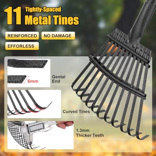 Lilyvane Leaf Rake: 8.5" Wide Heavy Duty Small Metal Garden Rake for Lawn Yard Garden Bed Leaves Debris Shrub Pine Needles Cleanup, 11 Metal Tines, Lightweight Kids Leaf Rakes, 72” Long Handle - Image 4