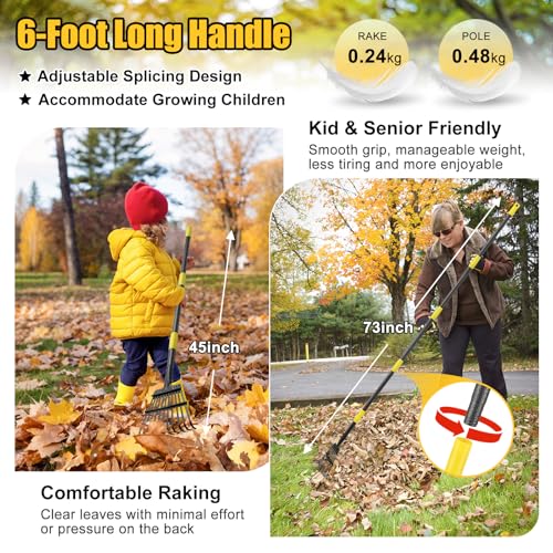 Lilyvane Leaf Rake: 8.5" Wide Heavy Duty Small Metal Garden Rake for Lawn Yard Garden Bed Leaves Debris Shrub Pine Needles Cleanup, 11 Metal Tines, Lightweight Kids Leaf Rakes, 72” Long Handle - Image 3