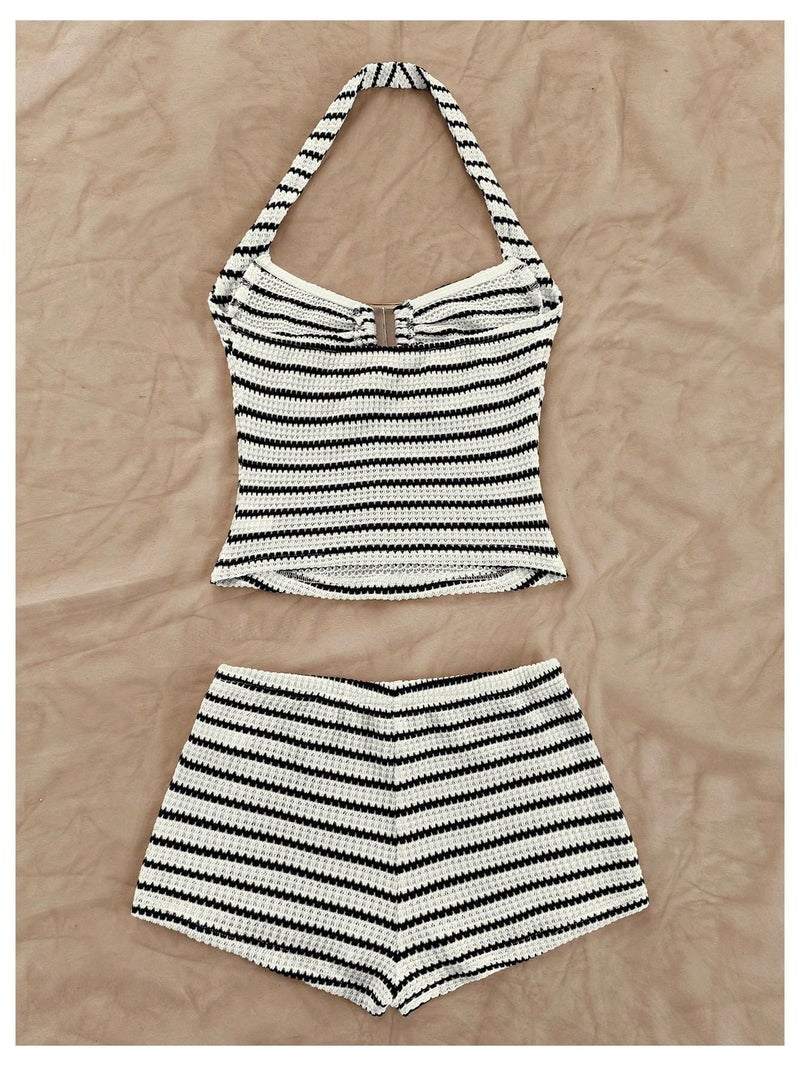 MakeMeChic Women's Summer 2 Piece Sets Striped Knit Halter Tank Tops Mini Shorts Set Beach Vacation Outfits Black White Small - Image 2