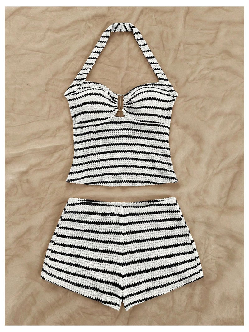 MakeMeChic Women's Summer 2 Piece Sets Striped Knit Halter Tank Tops Mini Shorts Set Beach Vacation Outfits Black White Small - Image 3