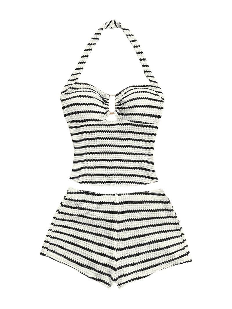 MakeMeChic Women's Summer 2 Piece Sets Striped Knit Halter Tank Tops Mini Shorts Set Beach Vacation Outfits Black White Small - Image 1