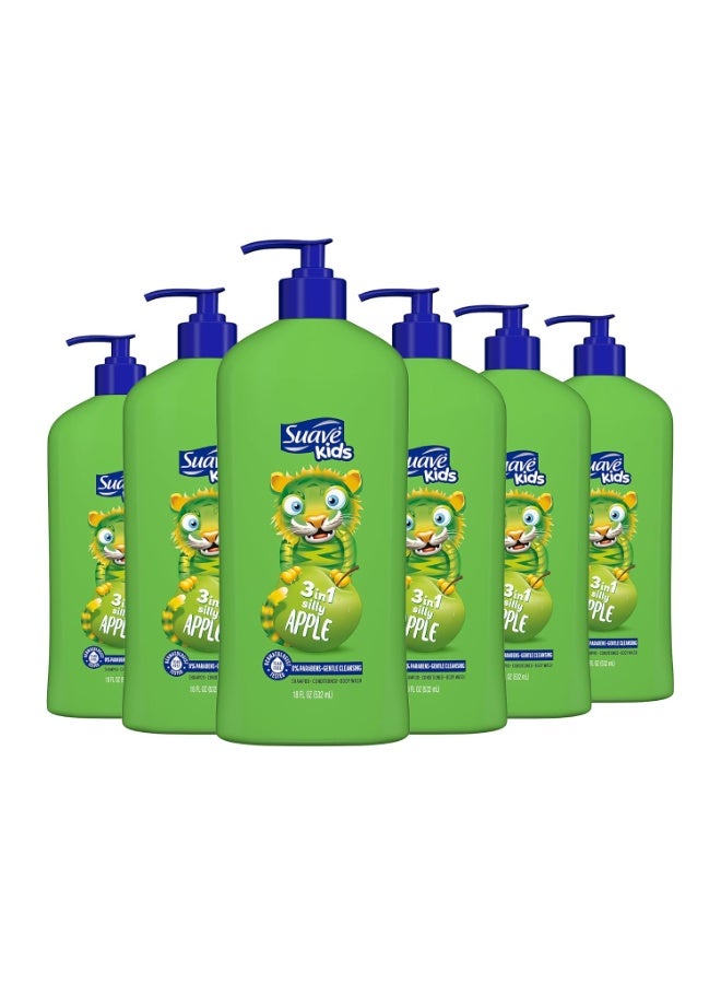 Suave Kids 3-in-1 Tear Free, Body Wash, shampoo and Conditioners, Dermartologist Tested, Silly Apple, 18 Oz Pack of 6 - Image 1