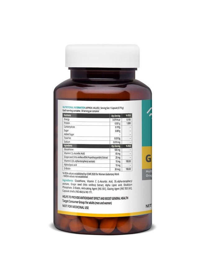 PharmEasy - Glutathione 500Mg With Multivitamin (Biotin, Vitamin C & Vitamin E), Grape Seed & Alphalipoic | L Glutahione / Gluthatione For Skin Glow, Whitening & Brightening | Antioxidant Support For Anti-Ageing, Youthful & Renewed Skin - 30 Veg Capsules / Tablets - Image 1