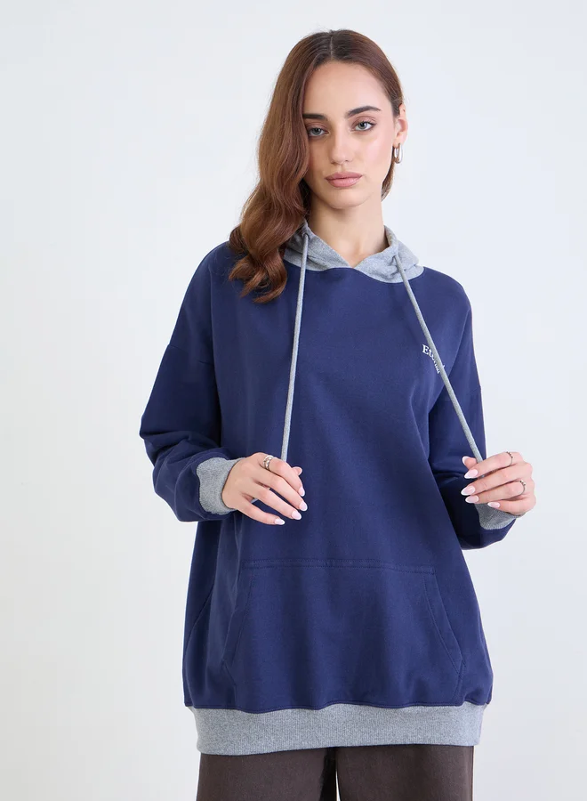 Styli Styli Women Blue Color Block Longline Oversized Hoodie