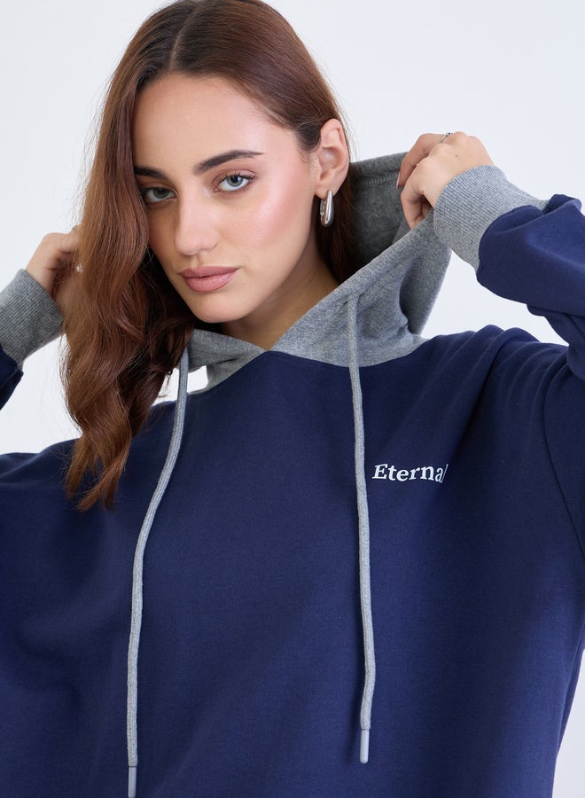 Styli Women Blue Color Block Longline Oversized Hoodie - Image 4