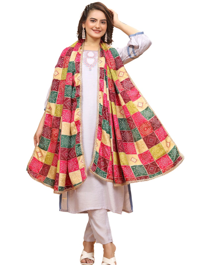 KEMZA Women's Silk Blend Printed Multicolor Dupatta For Wedding And Festivals - Image 1