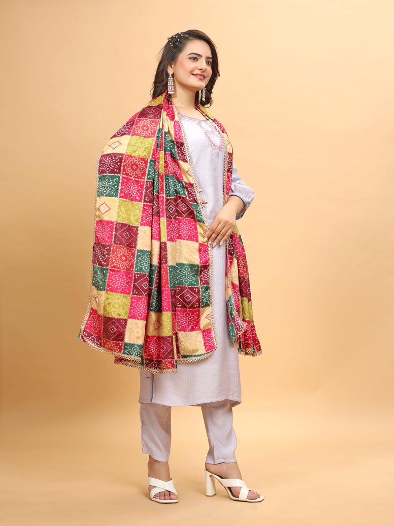 KEMZA Women's Silk Blend Printed Multicolor Dupatta For Wedding And Festivals - Image 2