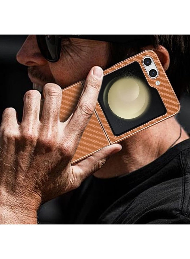 general Slim Case for Samsung Galaxy Z Flip 6/W25 Flip, Electroplated Gold Edge Bumper Case Anti-Fall Carbon Fiber Texture Fashion Anti-Fingerprint Cover - Image 2