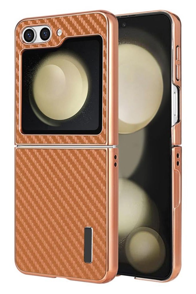 general Slim Case for Samsung Galaxy Z Flip 6/W25 Flip, Electroplated Gold Edge Bumper Case Anti-Fall Carbon Fiber Texture Fashion Anti-Fingerprint Cover - Image 1