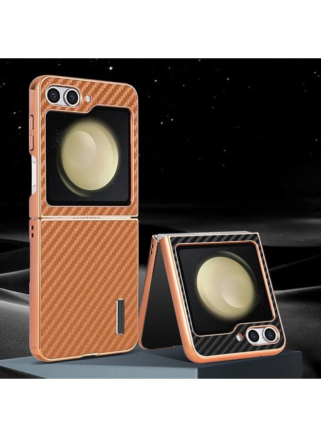 general Slim Case for Samsung Galaxy Z Flip 6/W25 Flip, Electroplated Gold Edge Bumper Case Anti-Fall Carbon Fiber Texture Fashion Anti-Fingerprint Cover - Image 3