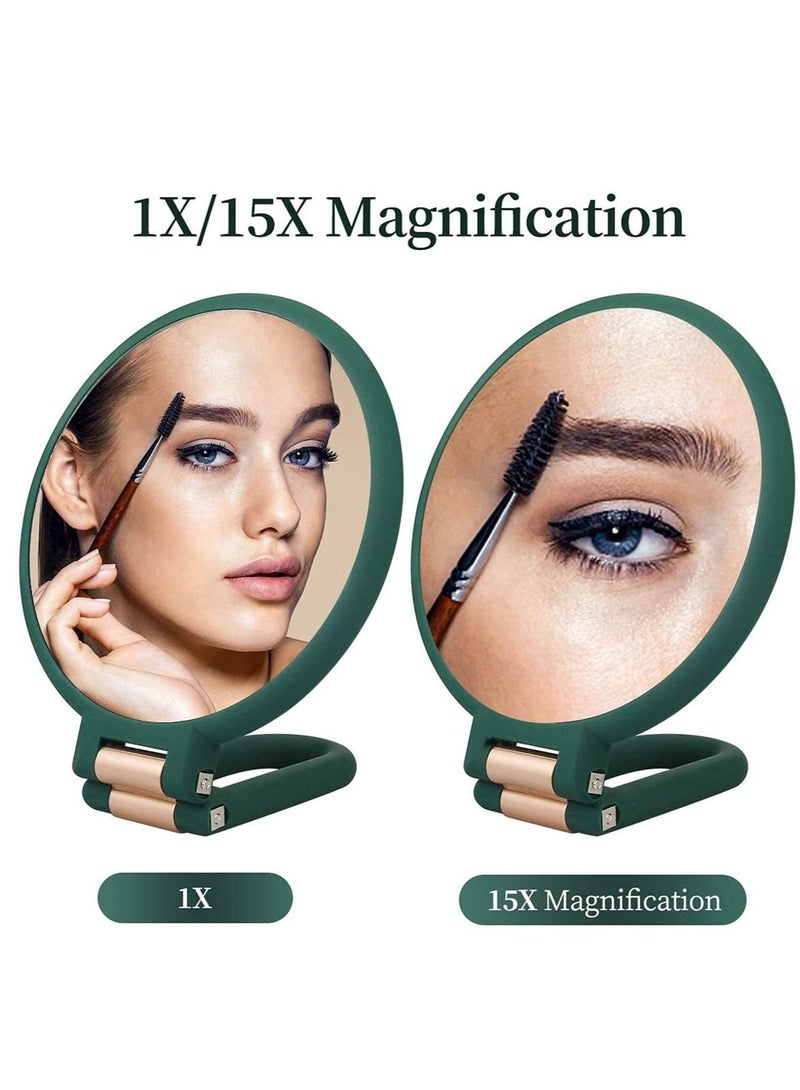 Captaintech Magnifying Hand Held Mirror, Double Side Folding Hand Mirror for Women with Adjustable Handle, Travel Table Desk Shaving Bathroom Cosmetic Mirrors Handheld Portable for Travel 1X 15X (Green) - Image 2