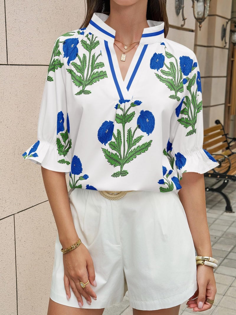 Cicy Bell Womens Boho Floral Blouses Puff Ruffle Sleeve V Neck Summer Shirts Dressy Casual Flowy Blouse Tops White - Image 3