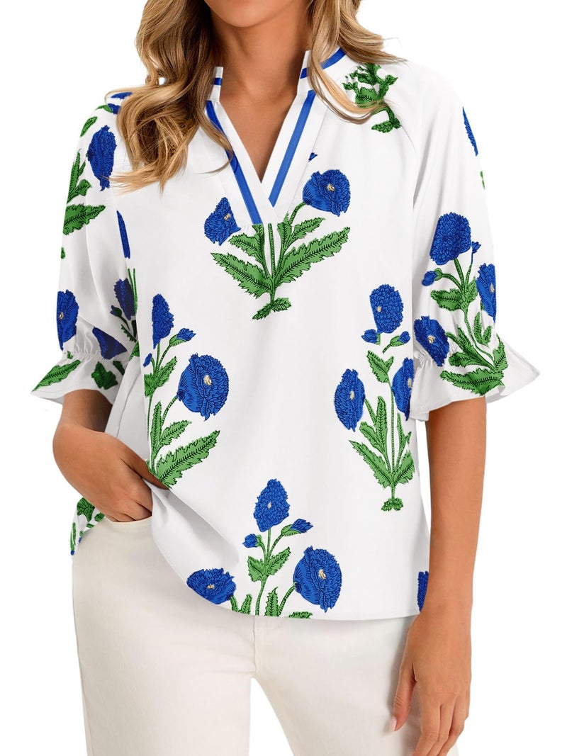Cicy Bell Womens Boho Floral Blouses Puff Ruffle Sleeve V Neck Summer Shirts Dressy Casual Flowy Blouse Tops White - Image 1