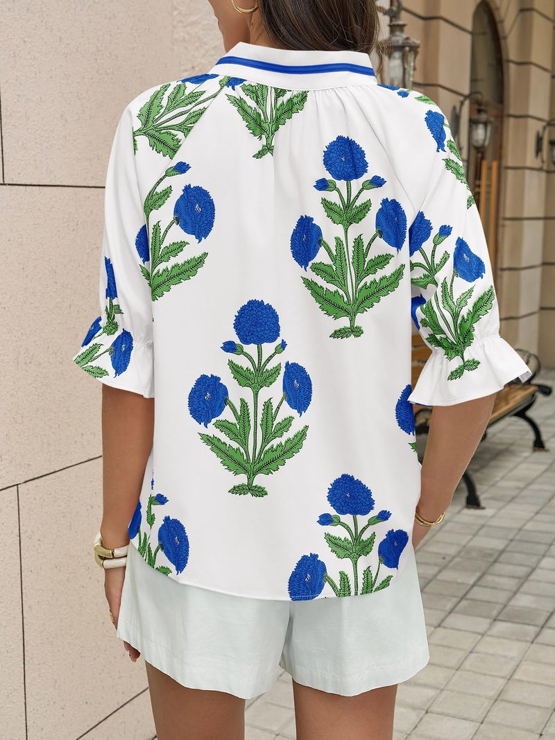Cicy Bell Womens Boho Floral Blouses Puff Ruffle Sleeve V Neck Summer Shirts Dressy Casual Flowy Blouse Tops White - Image 4