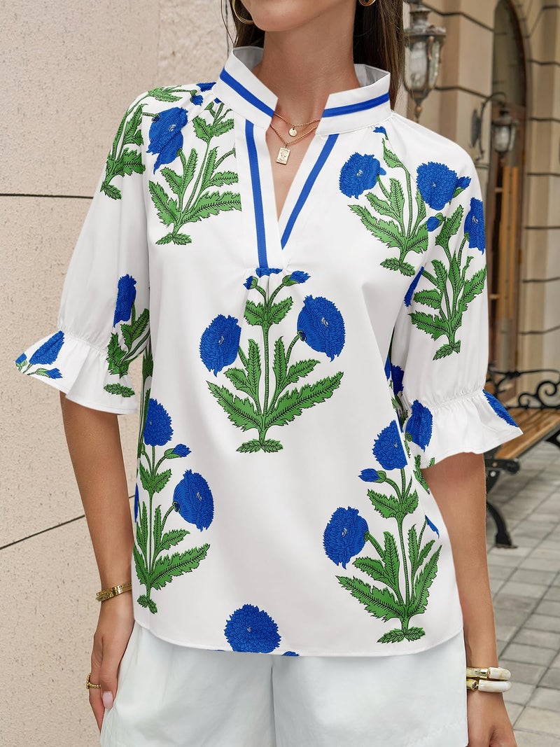 Cicy Bell Womens Boho Floral Blouses Puff Ruffle Sleeve V Neck Summer Shirts Dressy Casual Flowy Blouse Tops White - Image 2