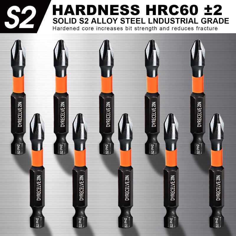 DYRECELVE 10-Pack Phillips Bits #2 Impact Magnetic, 1-Inch to 6-Inch Long Phillips Head Drill & Screwdriver Bits, PH2 Premium S2 Steel 1/4" Hex Shank for Impact Drivers, Professional & DIY Use - Image 5
