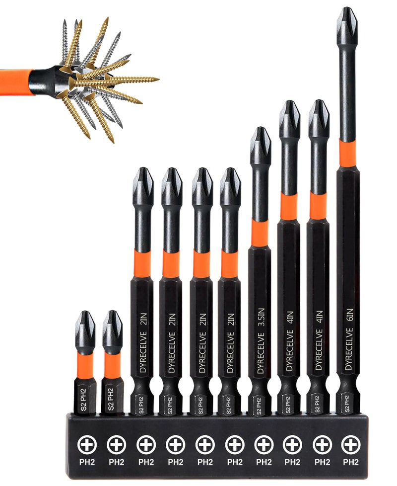 DYRECELVE 10-Pack Phillips Bits #2 Impact Magnetic, 1-Inch to 6-Inch Long Phillips Head Drill & Screwdriver Bits, PH2 Premium S2 Steel 1/4" Hex Shank for Impact Drivers, Professional & DIY Use - Image 1