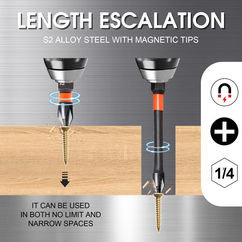 DYRECELVE 10-Pack Phillips Bits #2 Impact Magnetic, 1-Inch to 6-Inch Long Phillips Head Drill & Screwdriver Bits, PH2 Premium S2 Steel 1/4" Hex Shank for Impact Drivers, Professional & DIY Use - Image 3