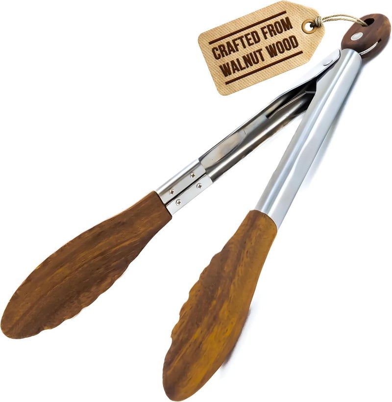 Boxiki Kitchen Wooden Tongs for Cooking - Nonstick Kitchen Salad Tongs for Serving Food, Grilling, Cooking, BBQ and Tossing Salad - Made of Natural Walnut Wood, Size 12-inch - Image 1