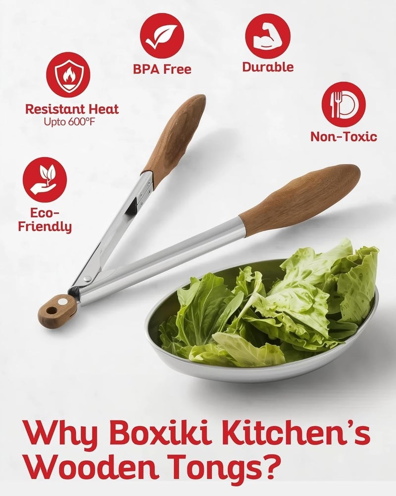 Boxiki Kitchen Wooden Tongs for Cooking - Nonstick Kitchen Salad Tongs for Serving Food, Grilling, Cooking, BBQ and Tossing Salad - Made of Natural Walnut Wood, Size 12-inch - Image 4