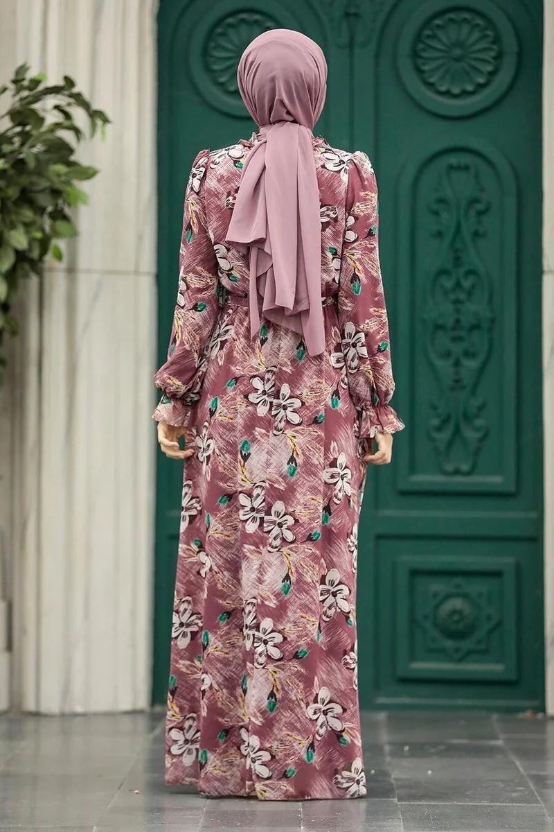 Neva Style - Dusty Rose Hijab Dress with Flower Pattern 29710GK