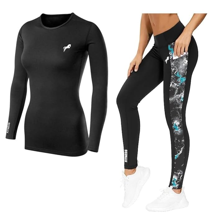 JUST RIDER Gym Wear High Rise Leggings Workout Pants With Upper Long Sleeves Track Suit For Women | Fitted Round Neck Tracksuit | Suitable For Yoga, Jogging & Gym | Workout Clothes (Medium) Black - Image 1