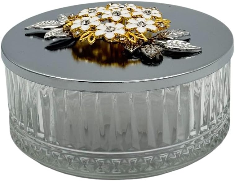 بي آند دي وعاء تخزين زجاجي زخرفي من B&D مع غطاء كريستالي مزخرف بنقشة زهور، حاوية دائرية، باللون الرمادي الفضي - Image 2