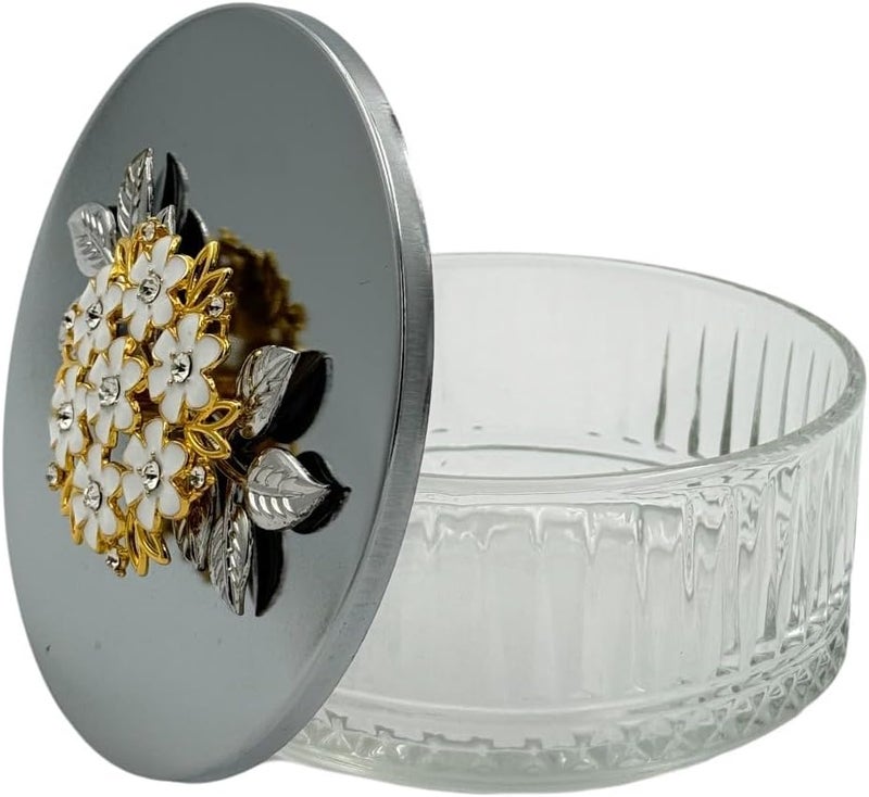 بي آند دي وعاء تخزين زجاجي زخرفي من B&D مع غطاء كريستالي مزخرف بنقشة زهور، حاوية دائرية، باللون الرمادي الفضي - Image 4