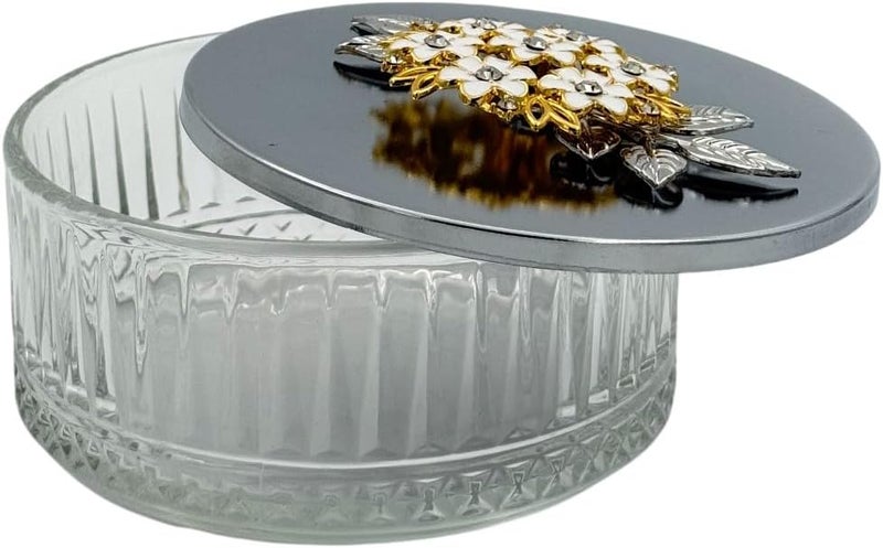 بي آند دي وعاء تخزين زجاجي زخرفي من B&D مع غطاء كريستالي مزخرف بنقشة زهور، حاوية دائرية، باللون الرمادي الفضي - Image 5