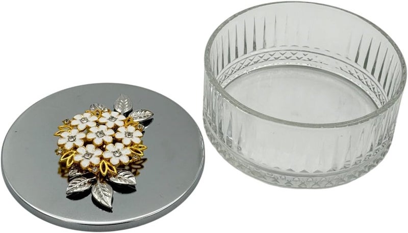 بي آند دي وعاء تخزين زجاجي زخرفي من B&D مع غطاء كريستالي مزخرف بنقشة زهور، حاوية دائرية، باللون الرمادي الفضي - Image 3