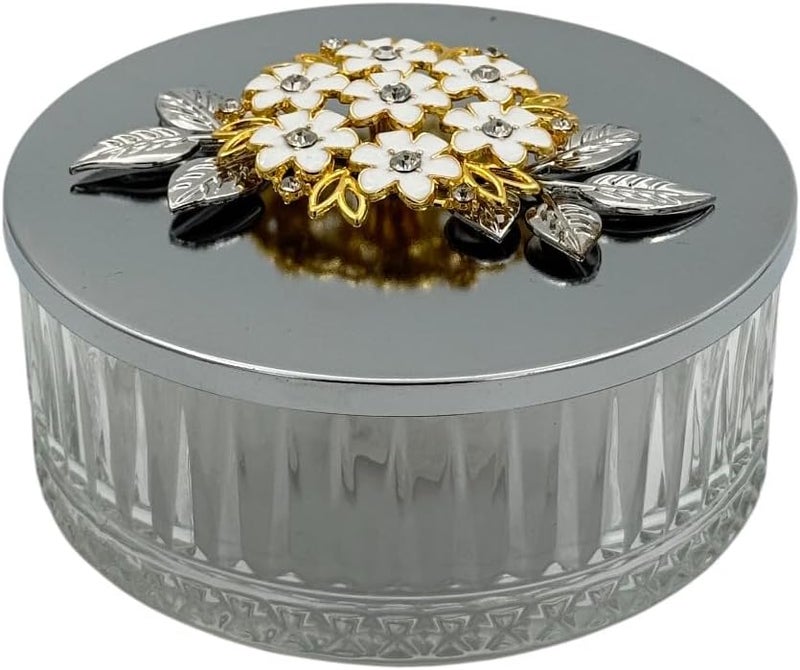 بي آند دي وعاء تخزين زجاجي زخرفي من B&D مع غطاء كريستالي مزخرف بنقشة زهور، حاوية دائرية، باللون الرمادي الفضي - Image 1