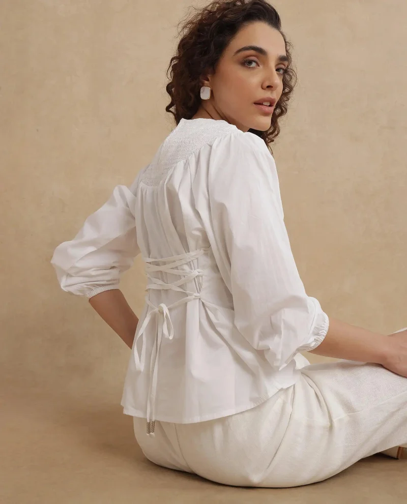 Rareism Women's Smocked Neck Top With Tie Up Detail