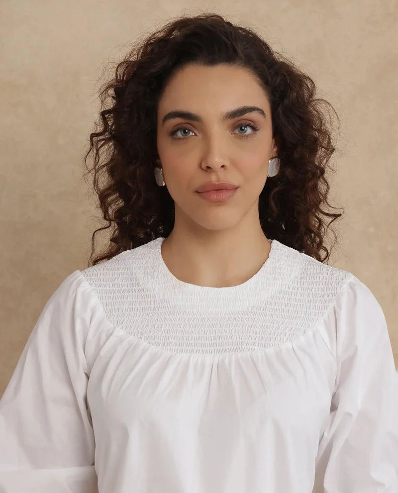 Rareism Women's Smocked Neck Top With Tie Up Detail