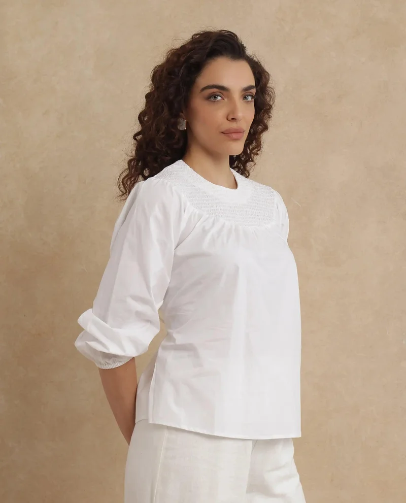 Rareism Women's Smocked Neck Top With Tie Up Detail
