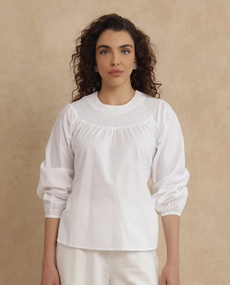 Rareism Women's Smocked Neck Top With Tie Up Detail