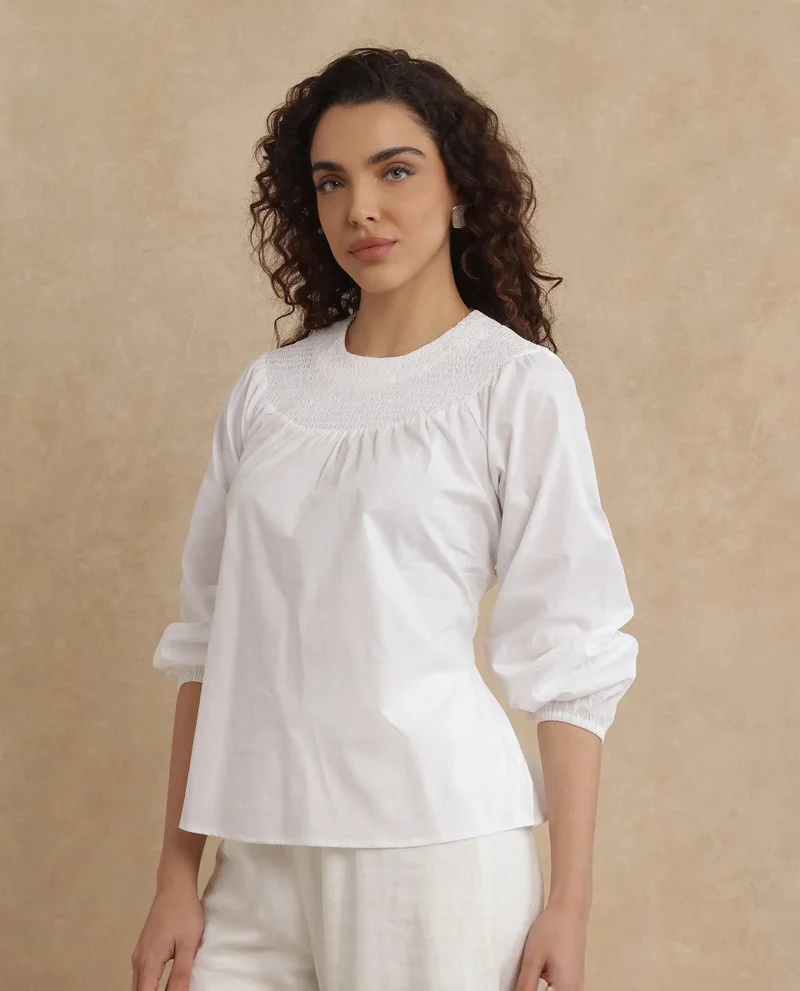 Rareism Women's Smocked Neck Top With Tie Up Detail