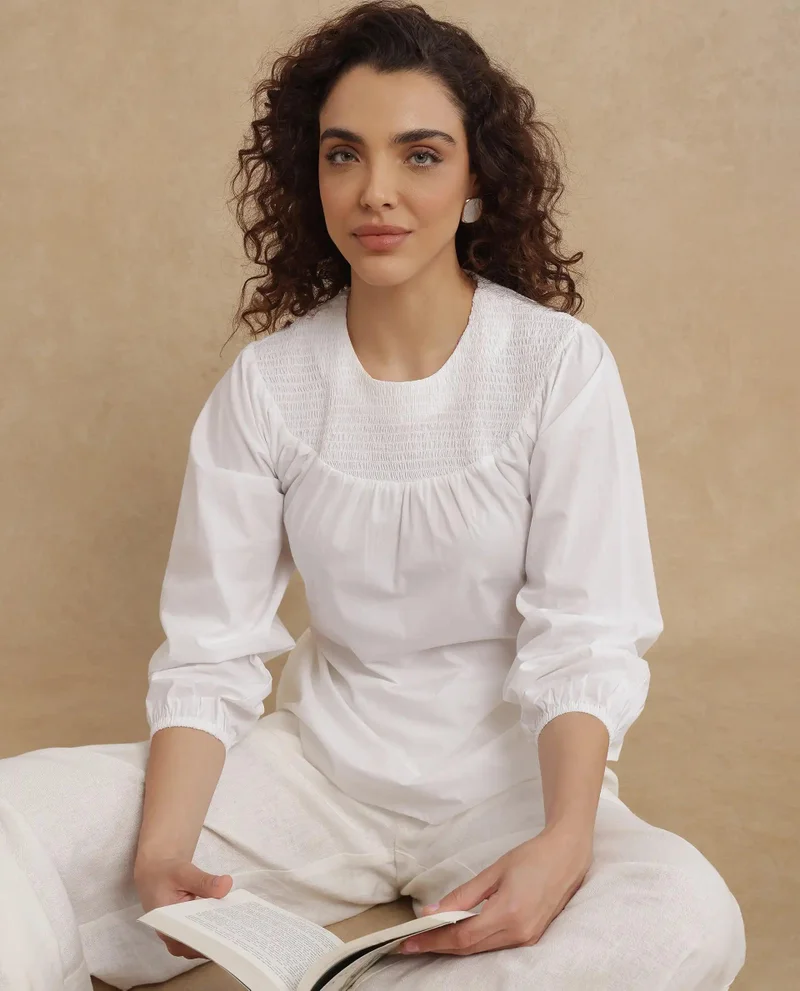 Rareism Women's Smocked Neck Top With Tie Up Detail