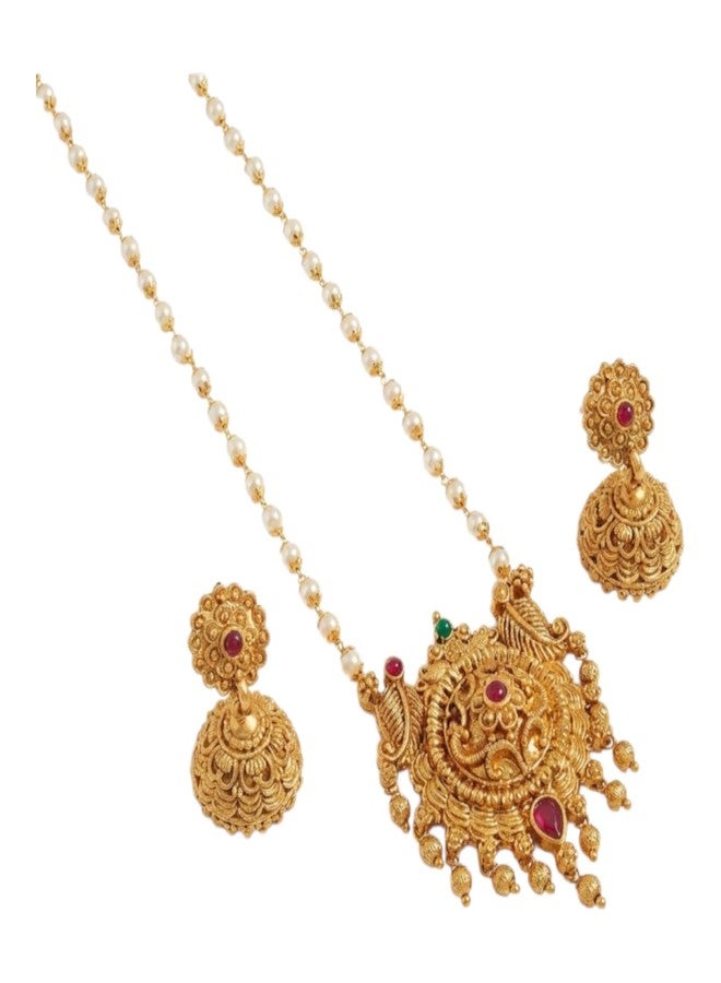 طقم عقد لؤلؤ تقليدي مطلي بالذهب من AAIKU بطول 30 بوصة | قلادة بلمسة نهائية عتيقة غير لامعة وأقراط زومكي للنساء والفتيات، مجوهرات أنيقة - Image 1