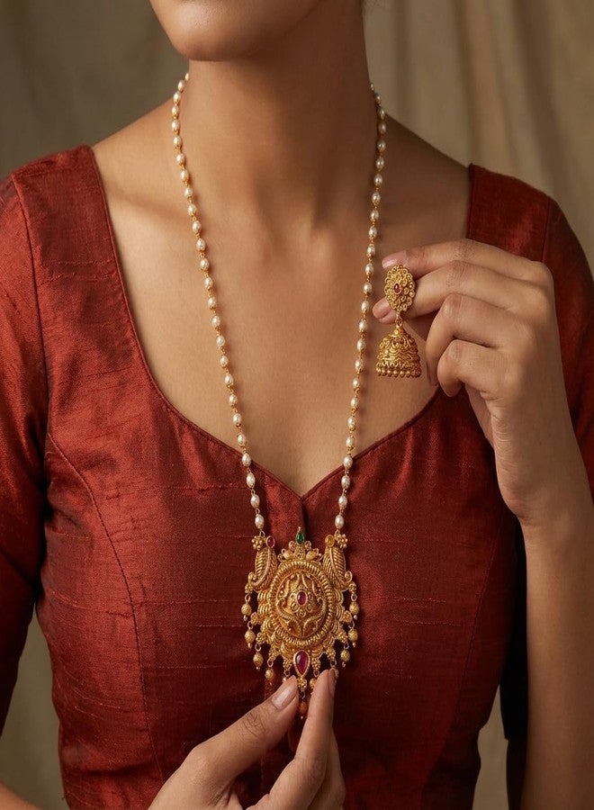 طقم عقد لؤلؤ تقليدي مطلي بالذهب من AAIKU بطول 30 بوصة | قلادة بلمسة نهائية عتيقة غير لامعة وأقراط زومكي للنساء والفتيات، مجوهرات أنيقة - Image 2