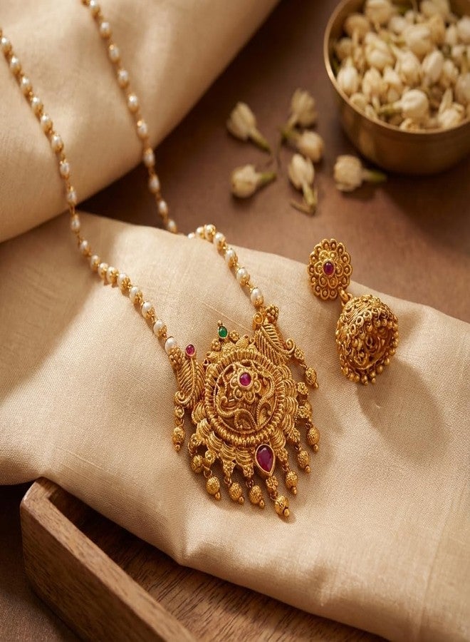 طقم عقد لؤلؤ تقليدي مطلي بالذهب من AAIKU بطول 30 بوصة | قلادة بلمسة نهائية عتيقة غير لامعة وأقراط زومكي للنساء والفتيات، مجوهرات أنيقة - Image 5