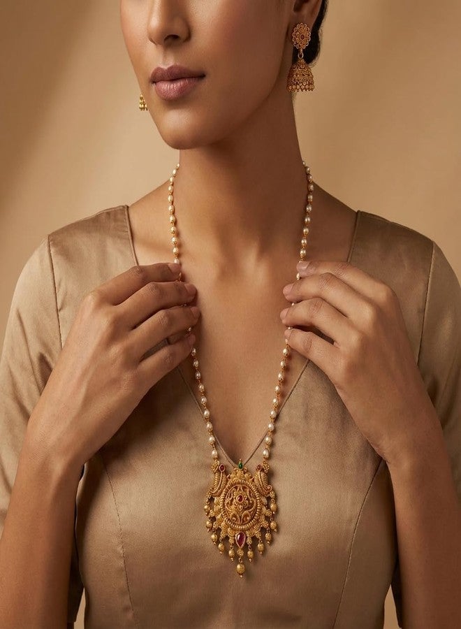 طقم عقد لؤلؤ تقليدي مطلي بالذهب من AAIKU بطول 30 بوصة | قلادة بلمسة نهائية عتيقة غير لامعة وأقراط زومكي للنساء والفتيات، مجوهرات أنيقة - Image 4