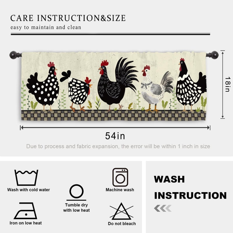 Miyotaa Rustic Rooster Chicken Kitchen Curtain Valance 54W x 18H Rod Pocket Farmhouse Country Rural Window Treatment for Living Room Bedroom Bathroom - Image 3